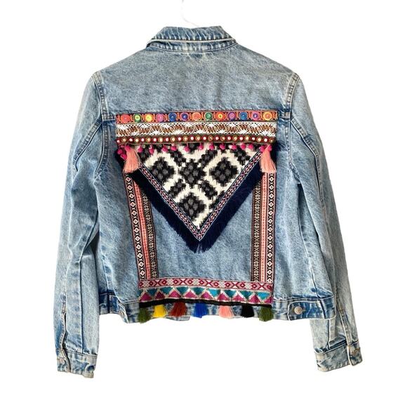 Denim Co Embroidered Denim Jean Jacket Fringe Boho Festival size 6 Sequins - Picture 1 of 10